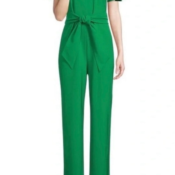 Preston & York - V Neck Tie Waist Green Jumpsuit - Size 8 - Picture 3 of 7